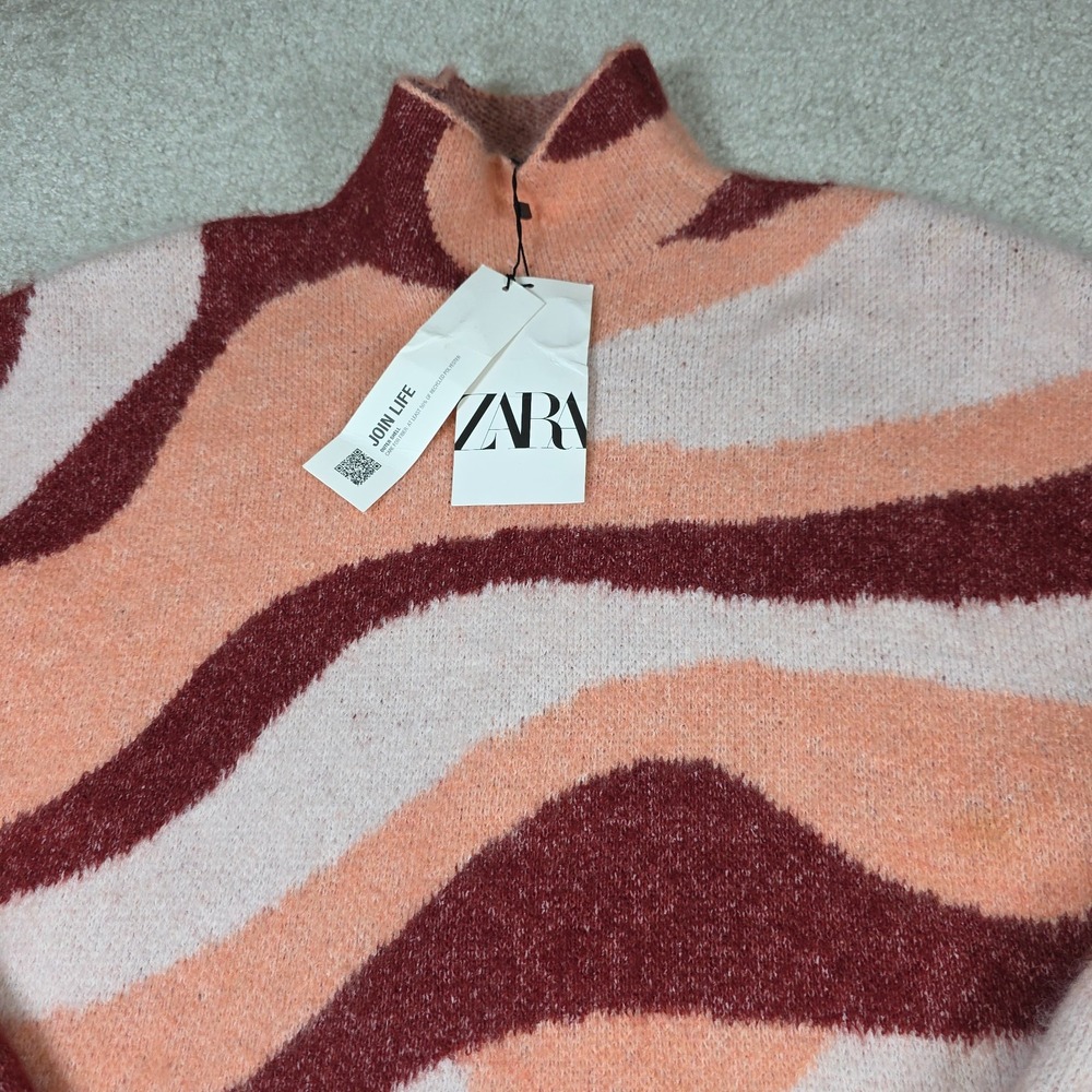 Zara Sweater Womens S‎ Coral Orange Jacquard Knit Mock Neck Winterwear Y2K